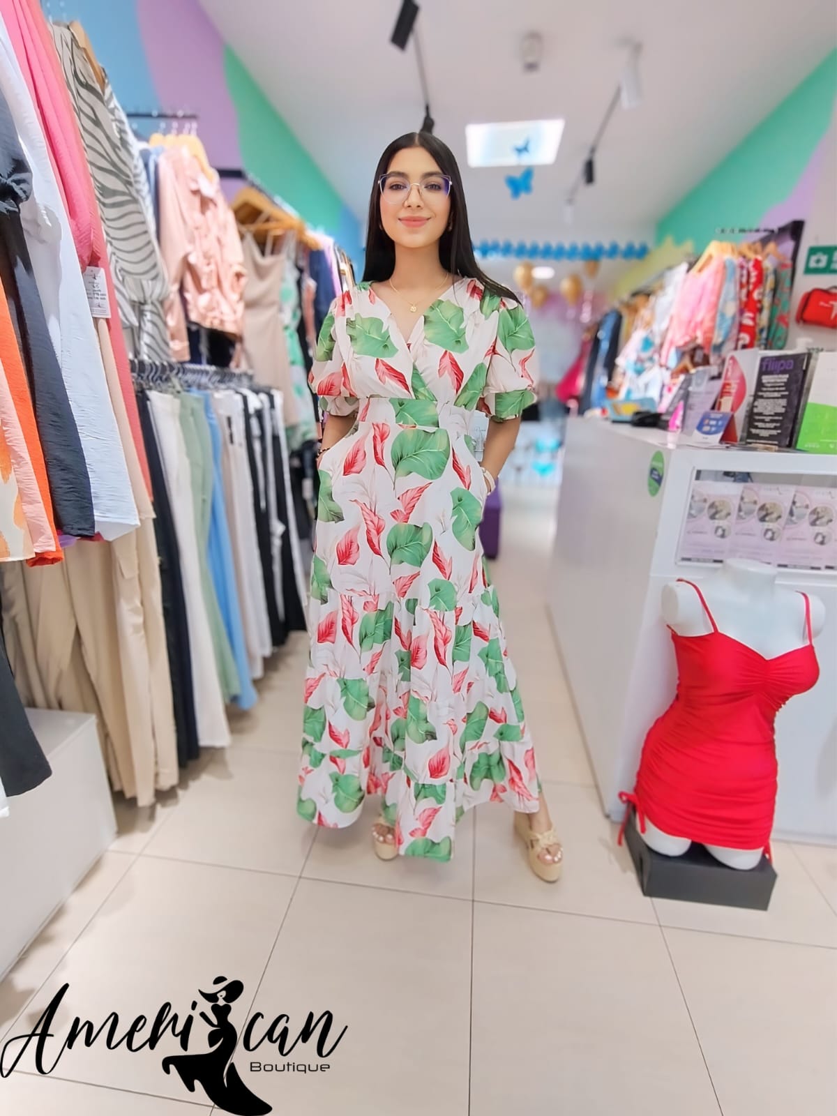 vestido largo petalos verdes